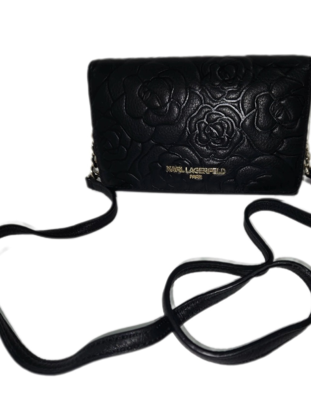 Karl Lagerfeld EUC Black Embossed Floral Crossbody Bag